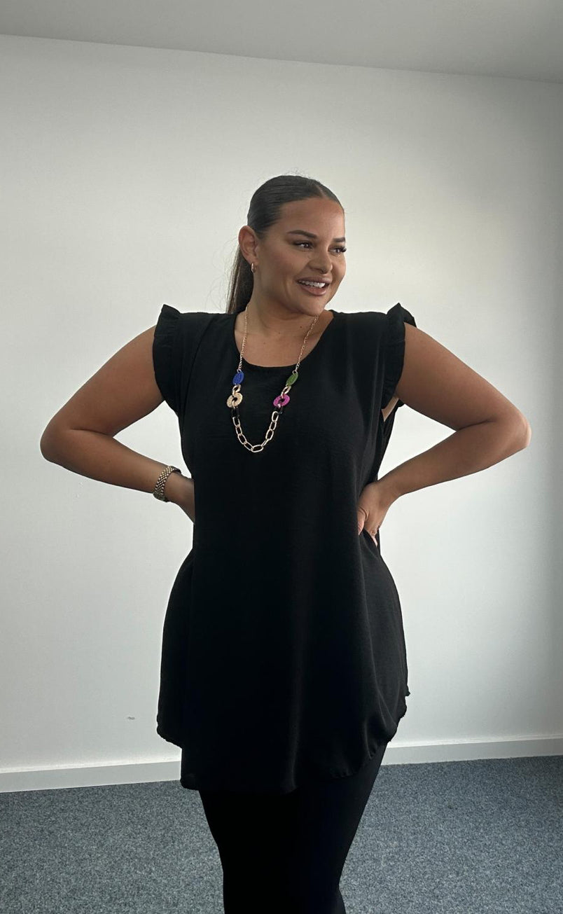 Plus Size Navy Ruffle Sleeve Round Neck Top with Necklace