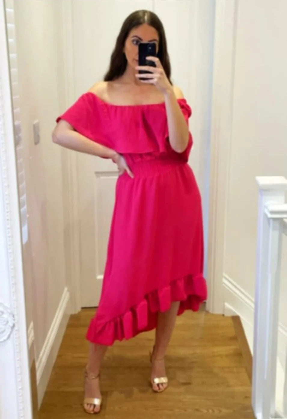 Khloe - Bardot High Low Rouched Waist Midaxi Dress