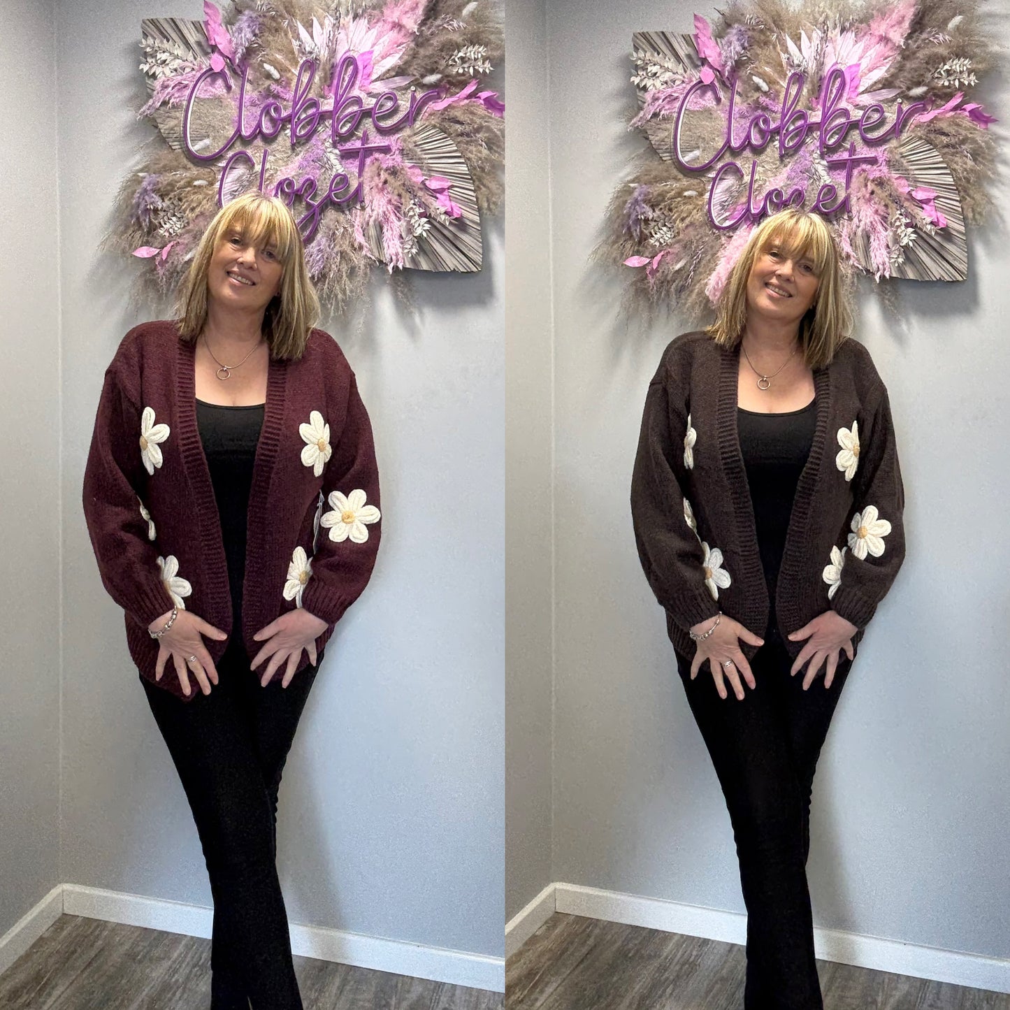 Edge to Edge Open Front 3D Daisy Flower Cardigan