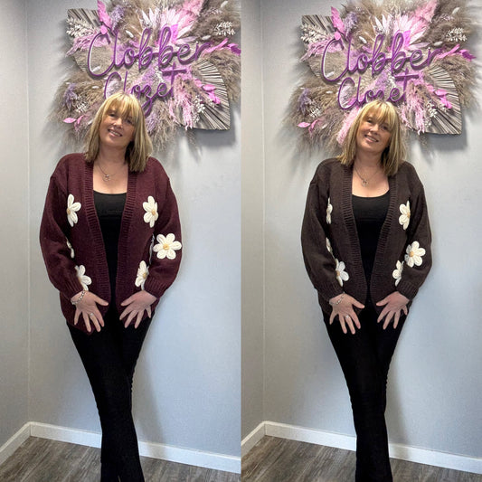 Edge to Edge Open Front 3D Daisy Flower Cardigan