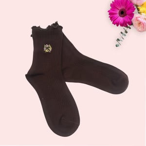 Embroidered Flower Plain Seamless Socks - Brown