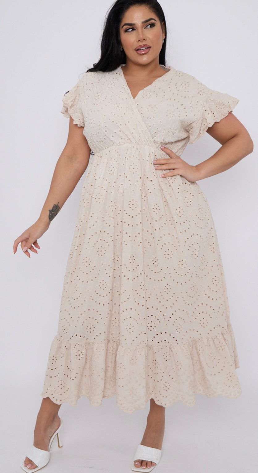 Emily Plus Size Broderie Lace Wrap Top Frill Sleeves Dress