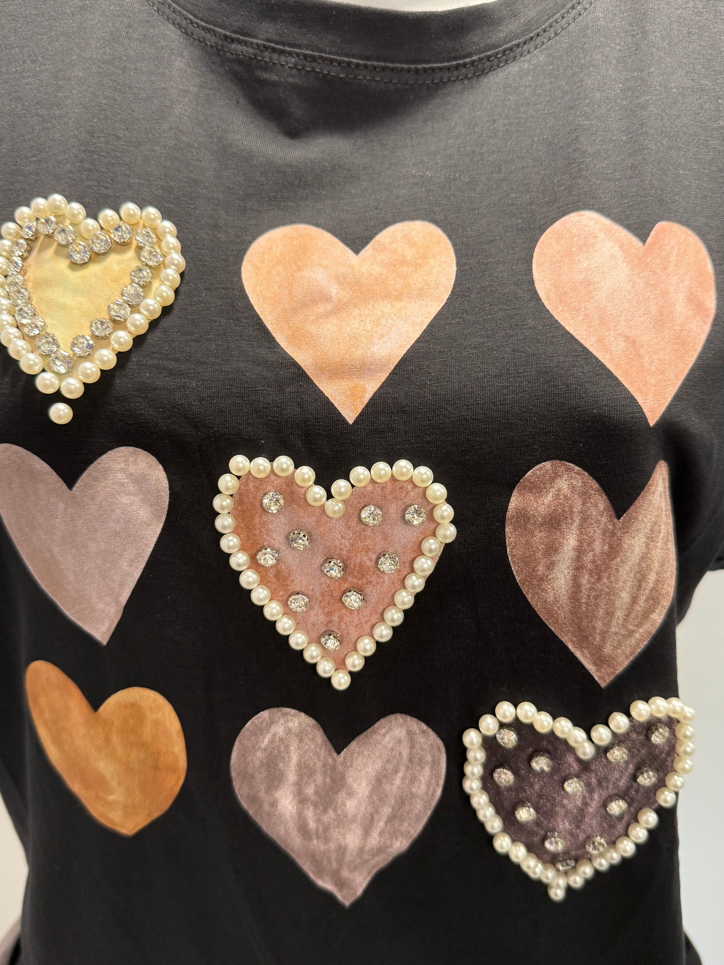 Pearl Crystal Multi Heart Cotton Top T-shirt