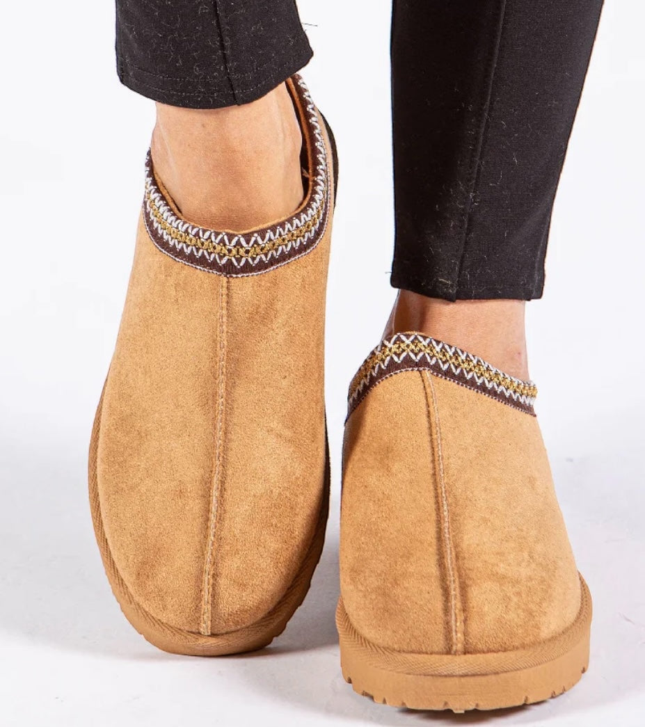 Faux Suede Embroider Aztec Detail Cozy Fluffy Slipper Boots