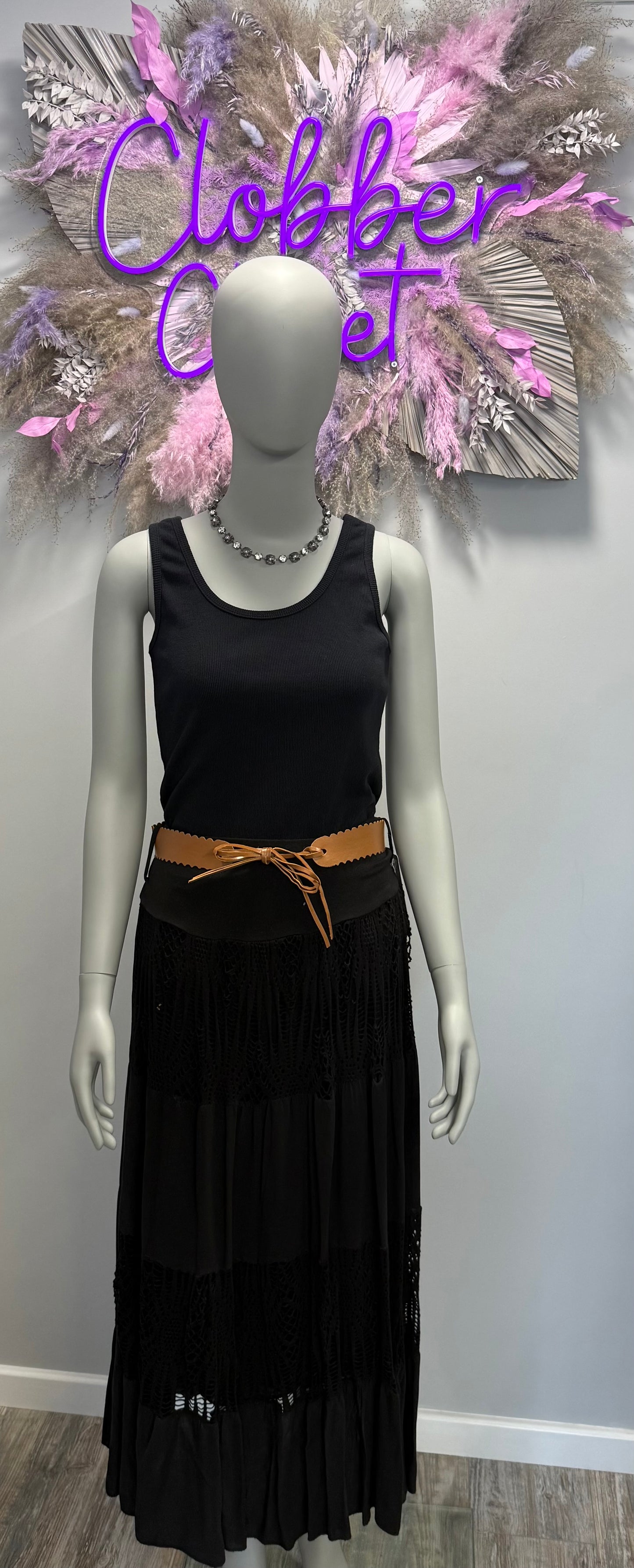 Belted and Tiered Crochet Maxi Gypsy Skirt