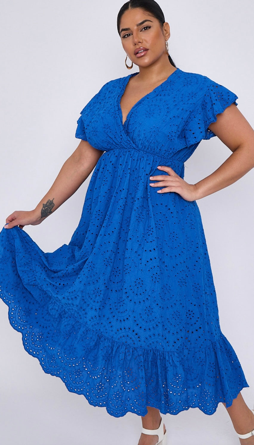Emily Plus Size Broderie Lace Wrap Top Frill Sleeves Dress