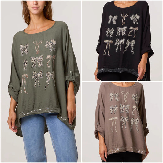 Diamante Animal Bows Long Sleeve Top