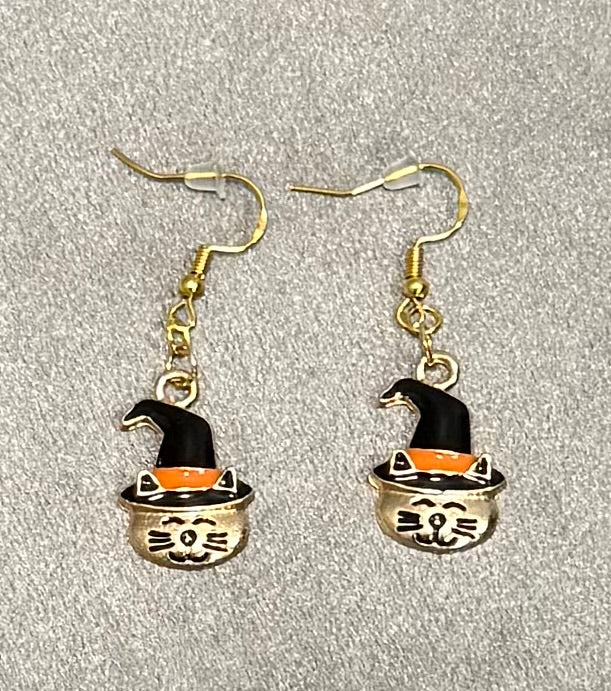 Halloween Miracle Bead Stretch Bracelet with Pumpkin Cat Charm and Matching Earrings