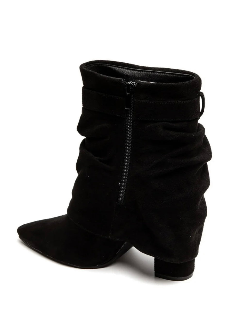 Black suede boot with a zipper on a white background