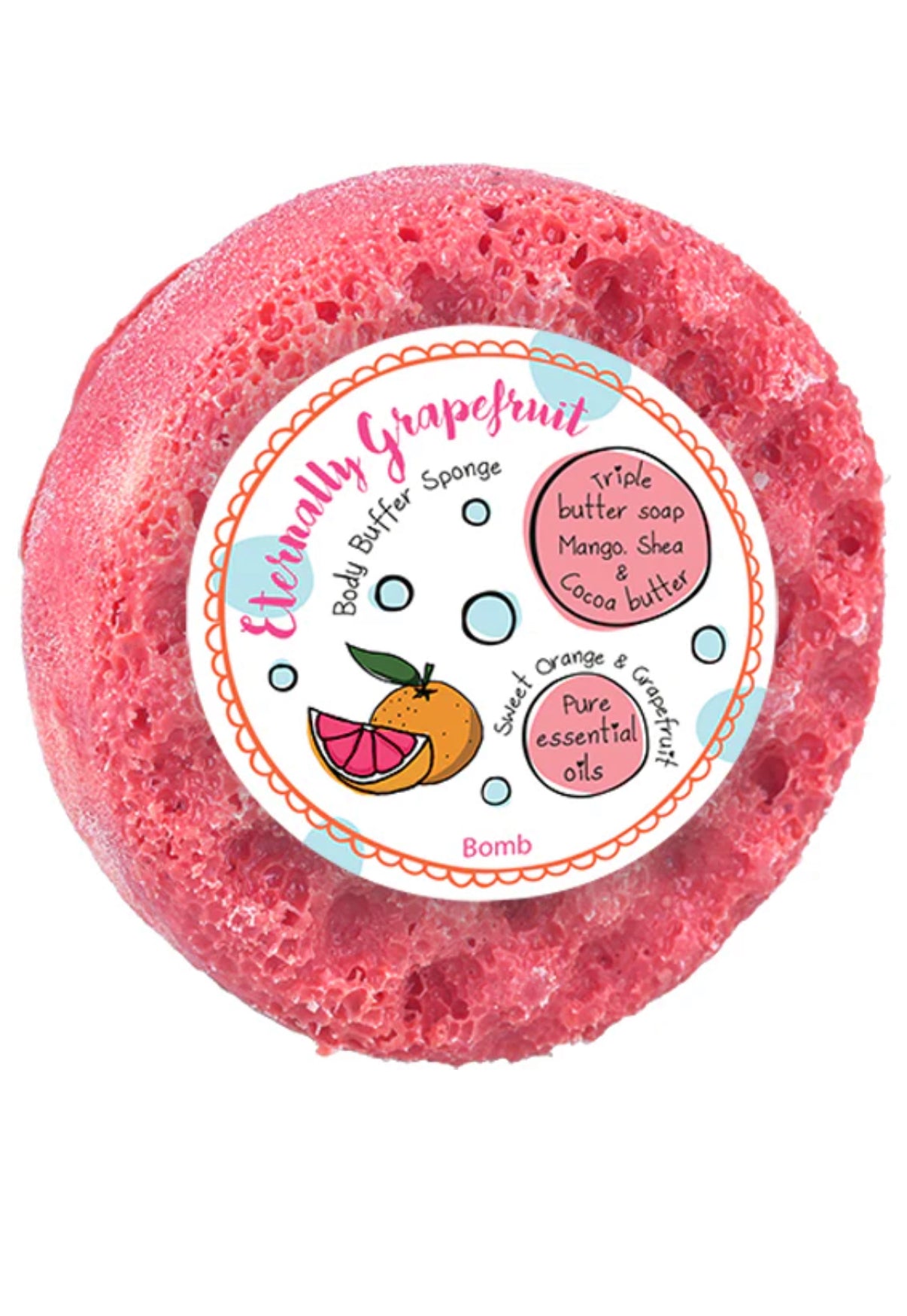 Pink body buffer sponge with a label on a white background