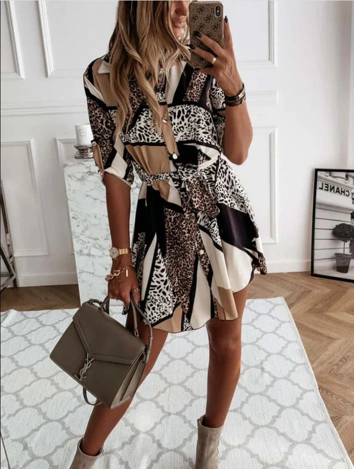 Edith Colour Block Leopard Print Shirt Dress