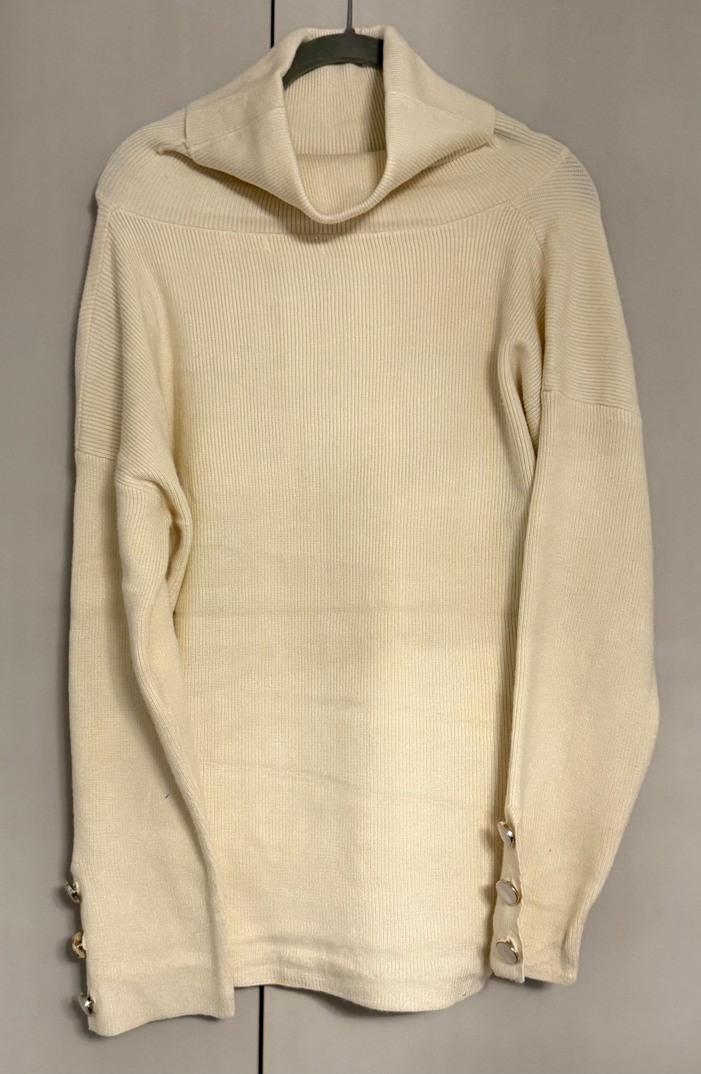 Button Cuff Oversize Roll Neck Cream Jumper