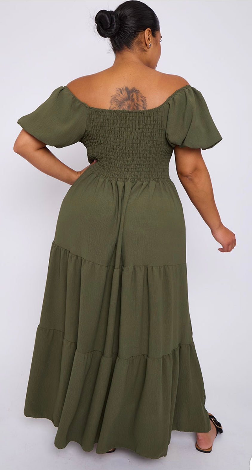 Plus Size Italian Green Bardot Shirred Top Maxi Dress