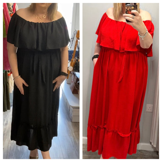 Traci Curve Black Bardot Overlay Tie Waist Maxi Dress With Pockets