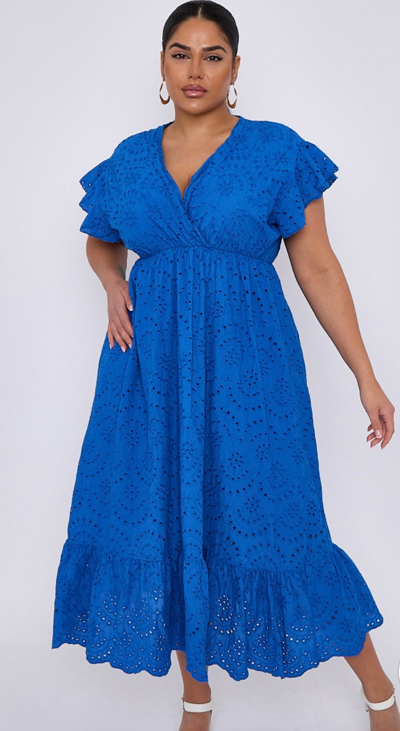 Emily Plus Size Broderie Lace Wrap Top Frill Sleeves Dress