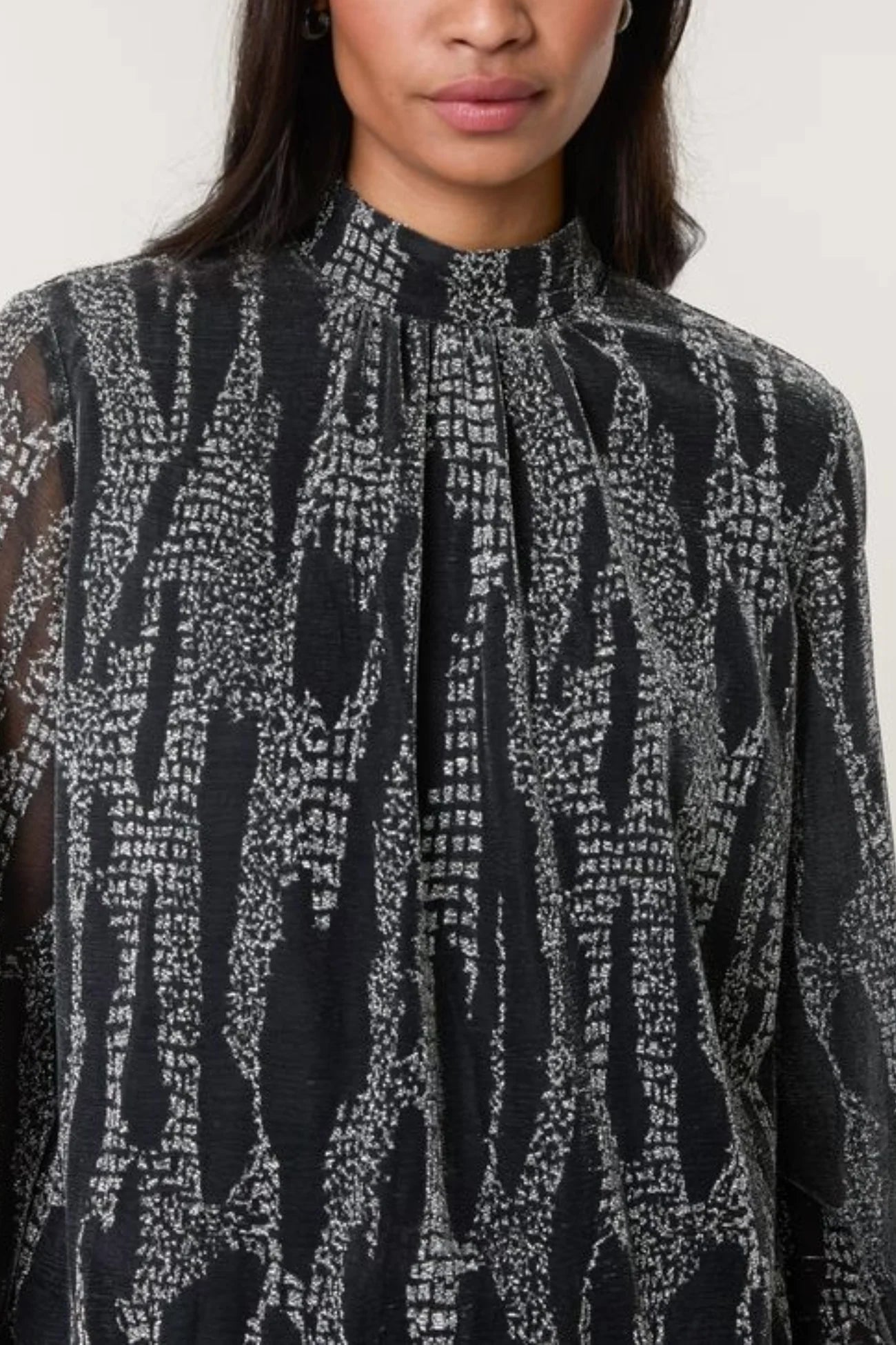 Snake Print High Neck Black and Silver Puffball Blouse