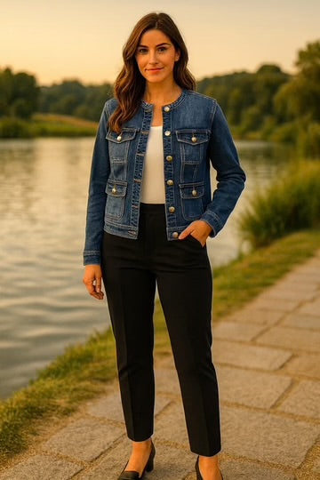 Gold Button Denim Mandarin Cotton Stretch Jacket