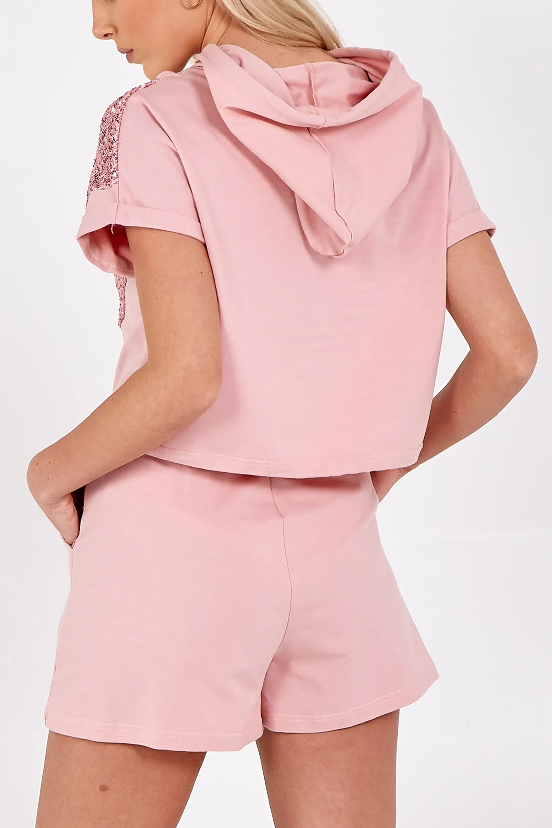 Gina - Short Sleeve Hoodie and Sequin Detail Shorts