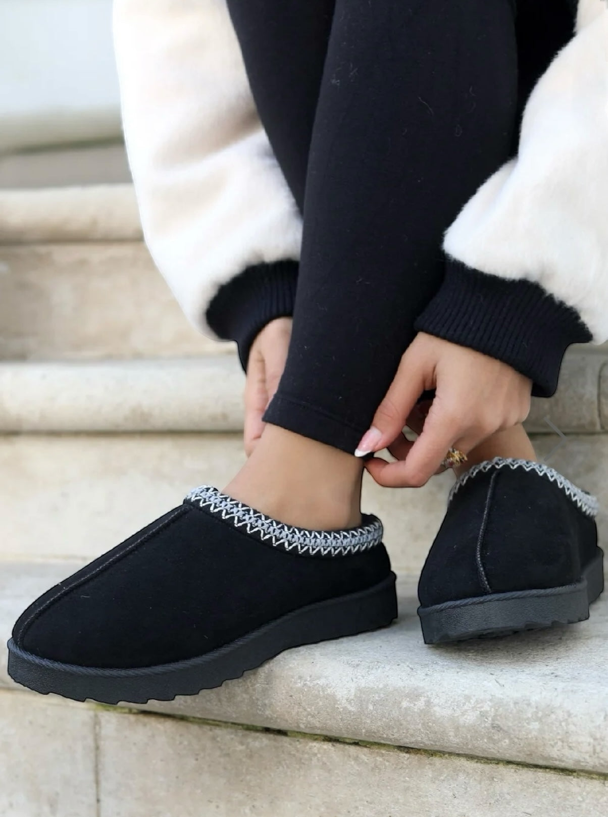 Faux Suede Embroider Aztec Detail Cozy Fluffy Slipper Boots