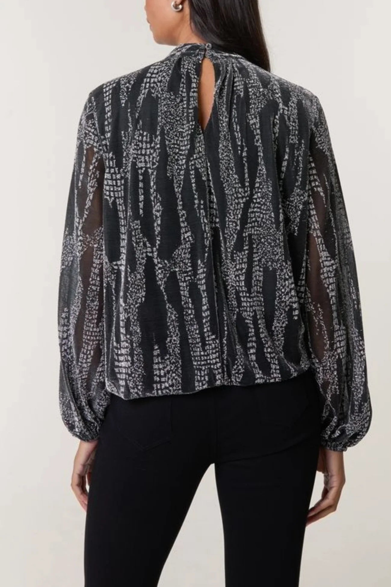 Snake Print High Neck Black and Silver Puffball Blouse