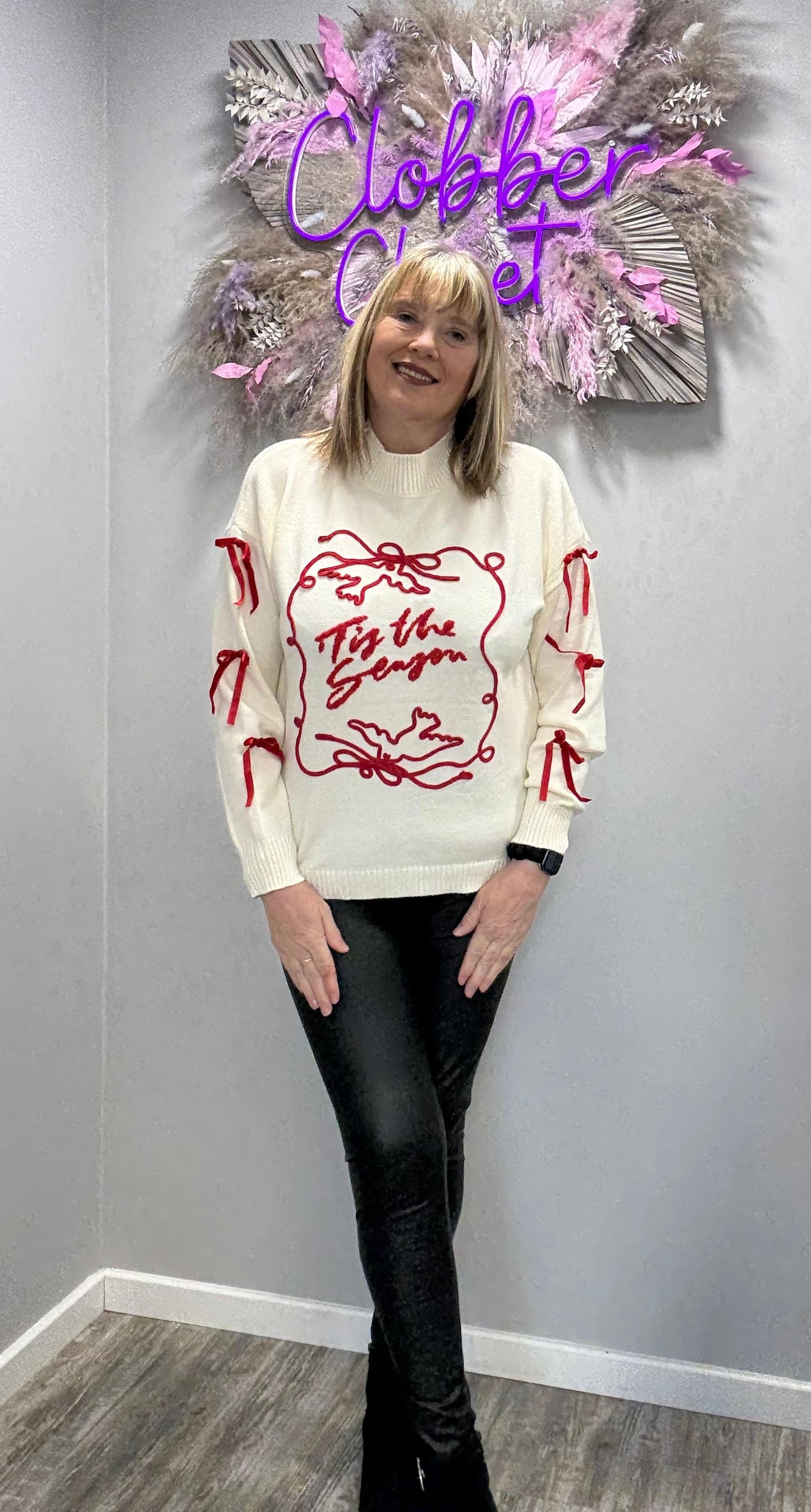 Tis The Season Embroidery Bow Christmas Jumper