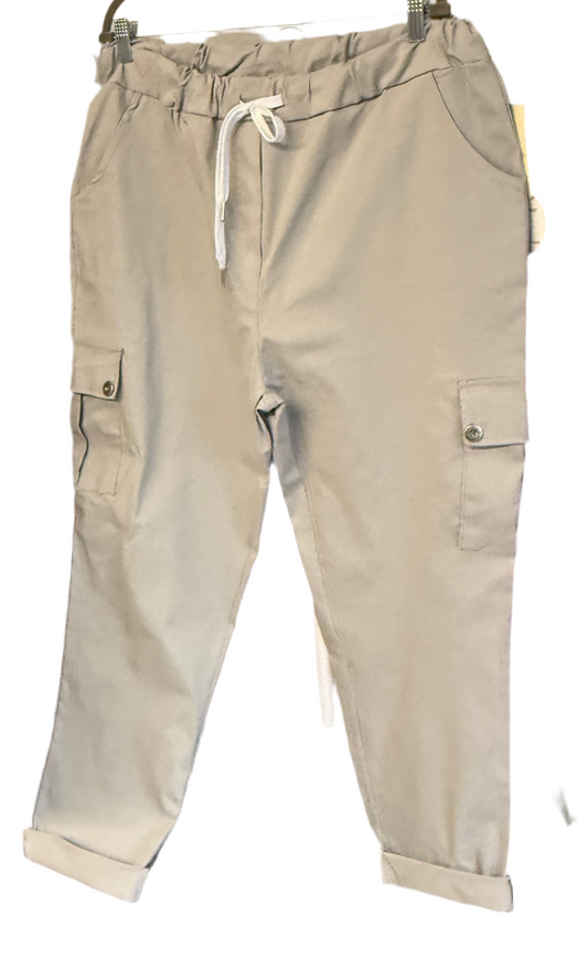 Plus Size Grey Cargo Pocket Turn Up Magic Trousers