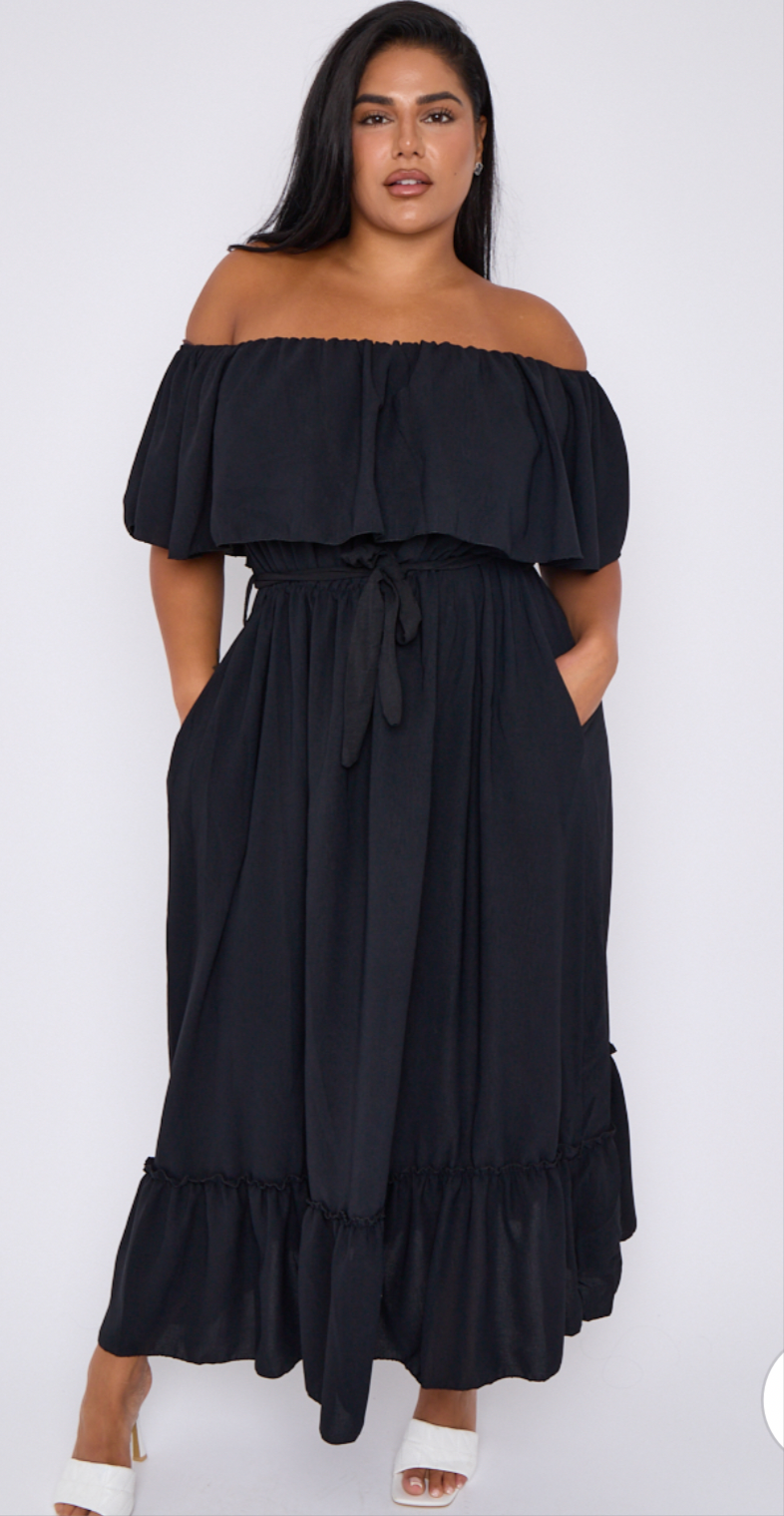 Traci Curve Black Bardot Overlay Tie Waist Dress With Pockets