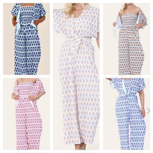 Collage of Printed Geometric Jumpsuit With Bolero Jacket in Navy, Beige, Brown, Pink or Royal Blue