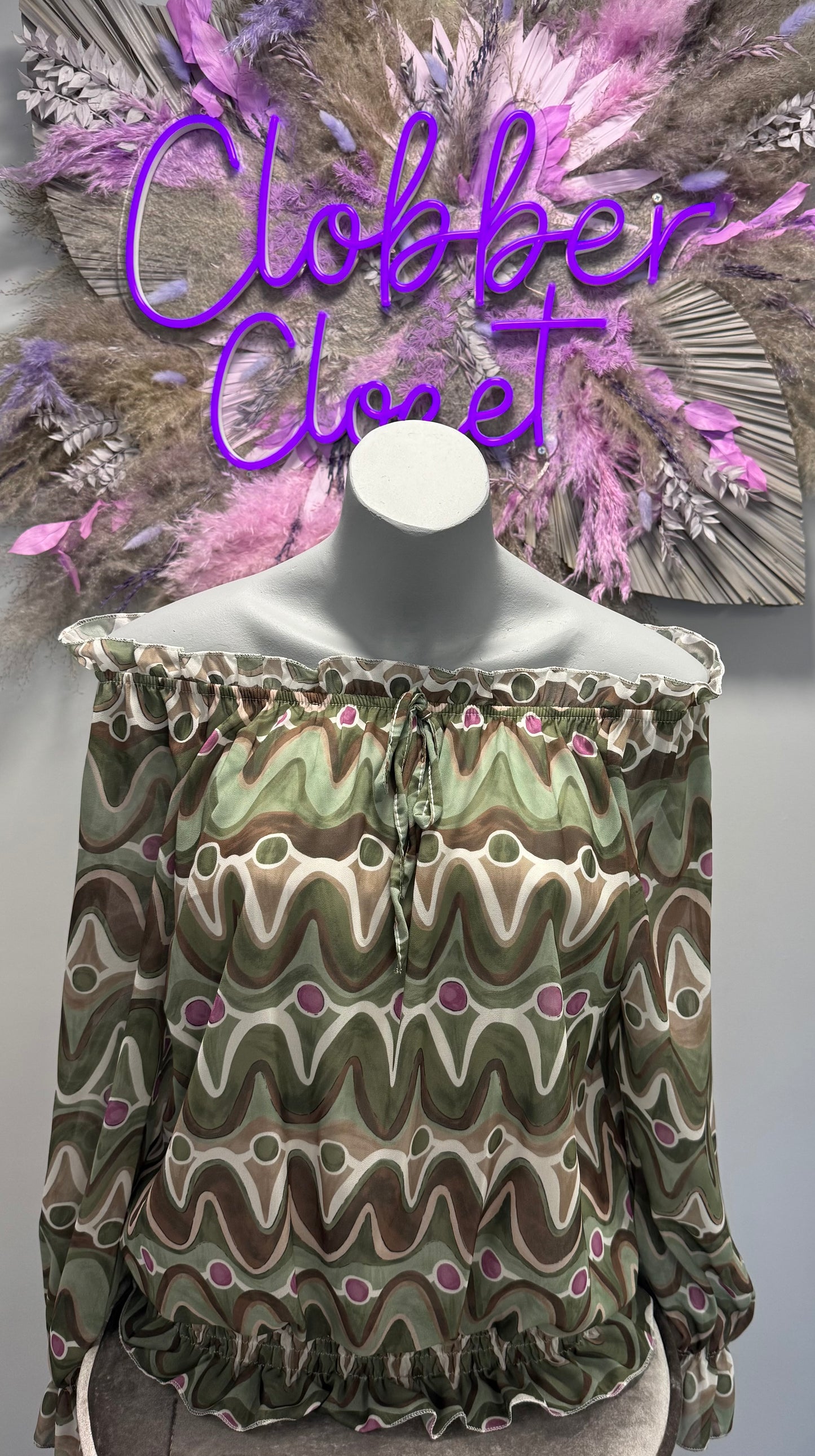 Wave Print Ruffle Bardot Blouse