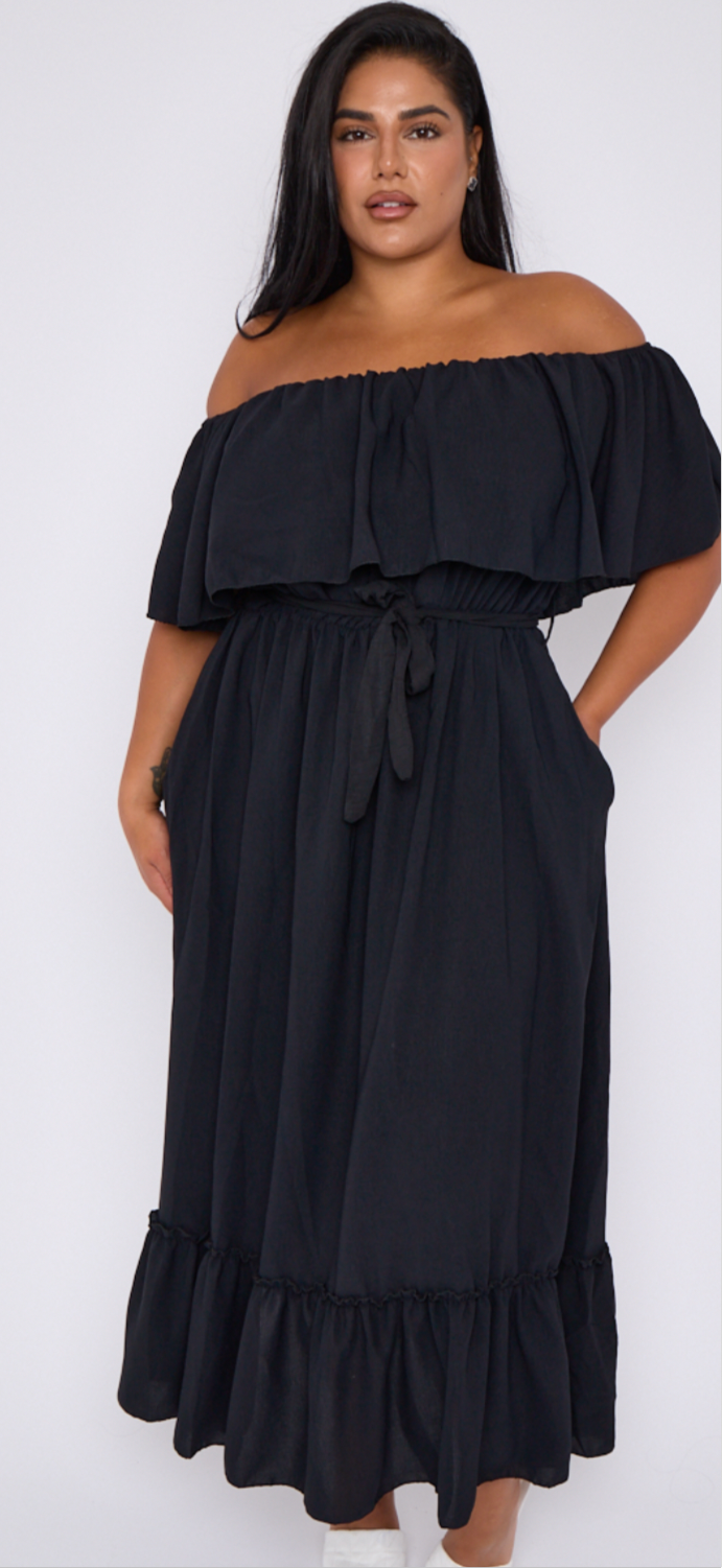 Traci Curve Black Bardot Overlay Tie Waist Dress With Pockets