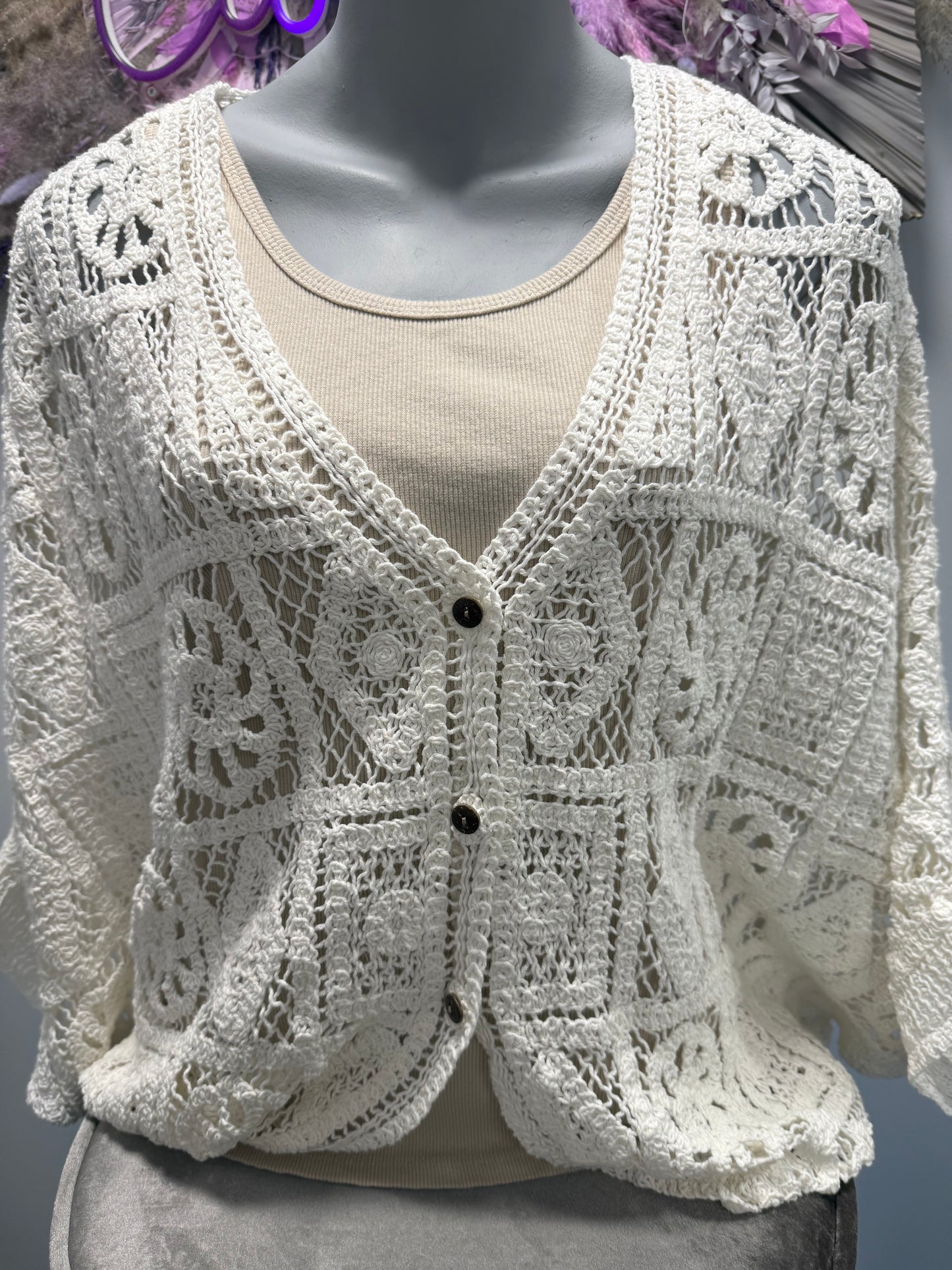 Jessica Curved Hem Crochet Cotton Cardigan