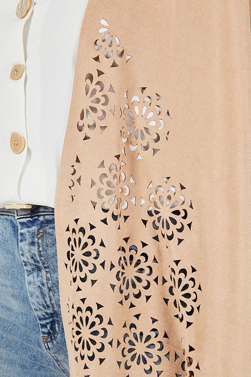 Madison - Suede Look Floral Cut Out Fringe Cardigan - Beige