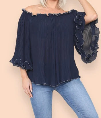 Luisa - Long Sleeve Contrast Edge Pleated Bardot Blouse