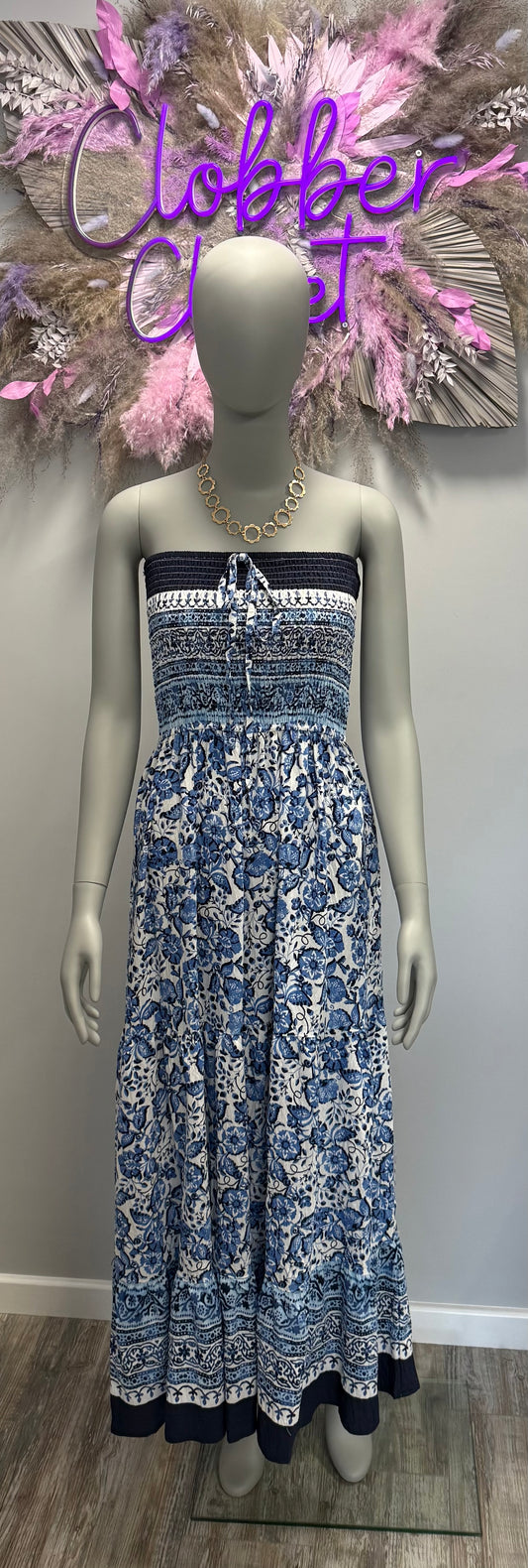 Blue Floral Print Shirred Bust Bandeau Dress