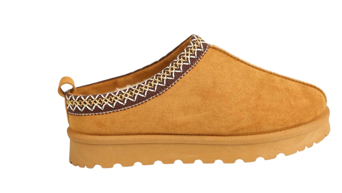 Faux Suede Embroider Aztec Detail Cozy Fluffy Slipper Boots