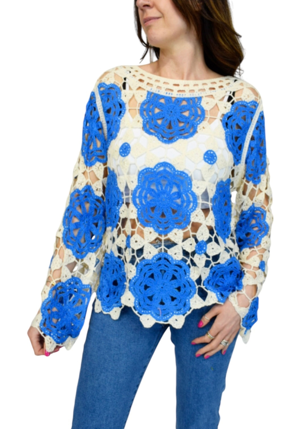 Darcey Coloured Flower Long Sleeved Crochet Top