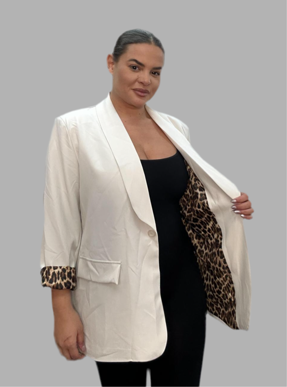 Plus Size Beige Leopard Detail Blazer