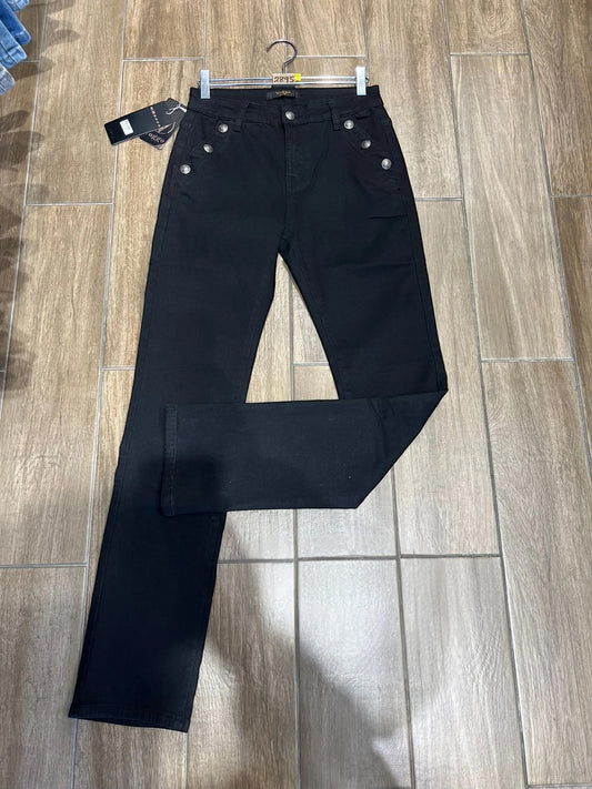 Voggo side silver hip button straight leg Black jeans