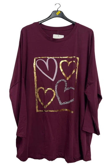 Italian Metallic Foil Hearts Oversized Longline Top