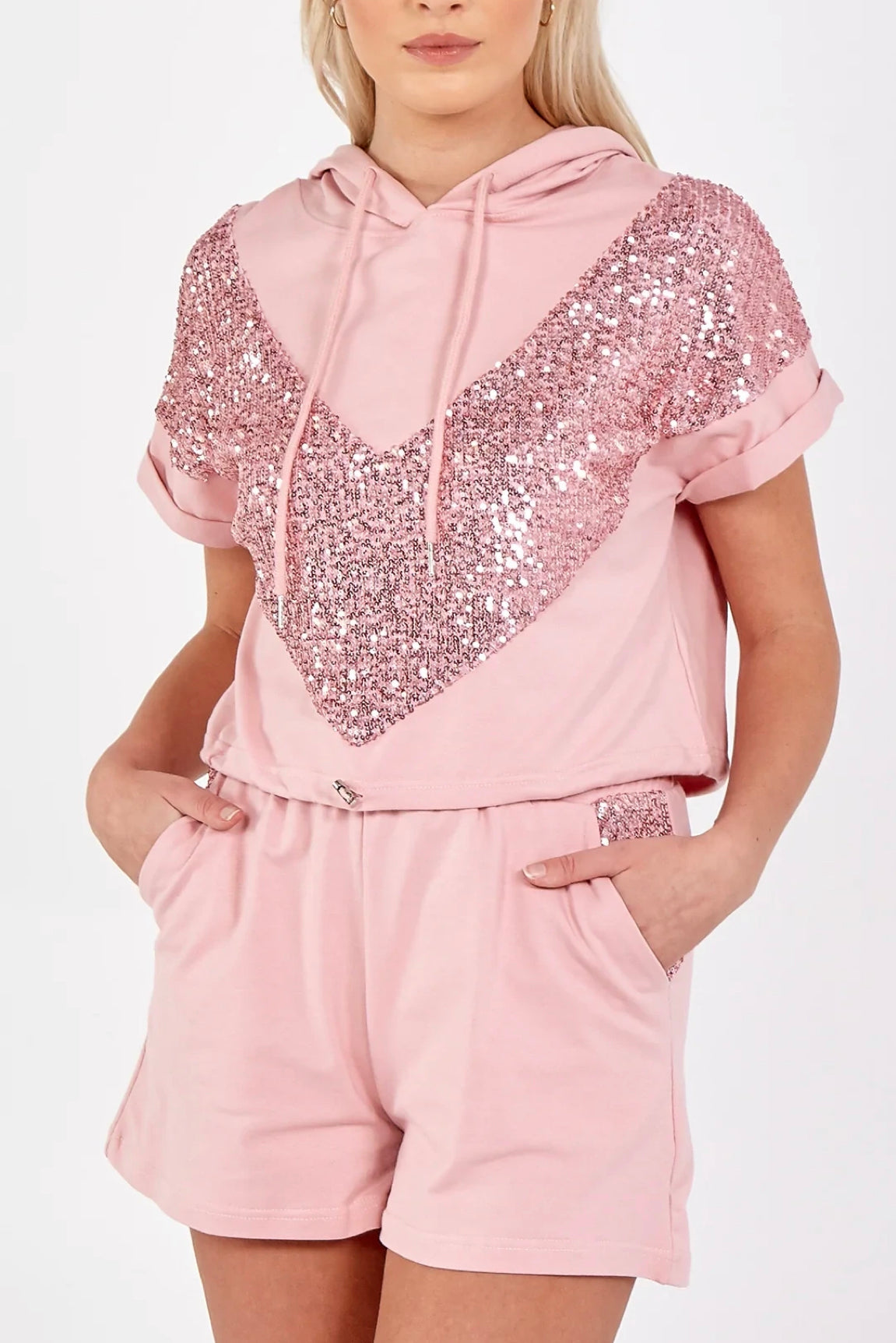 Gina - Short Sleeve Hoodie and Sequin Detail Shorts