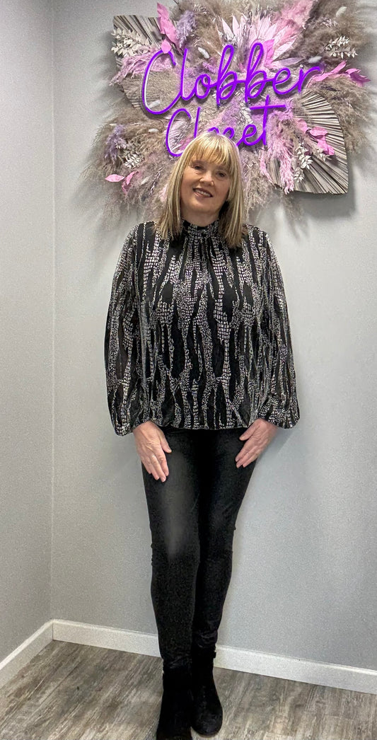 Snake Print High Neck Black and Silver Puffball Blouse
