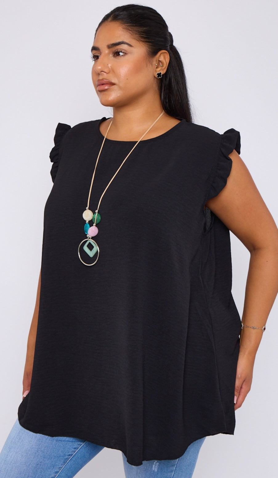 Plus Size Ruffle Sleeve Round Neck Top with Necklace