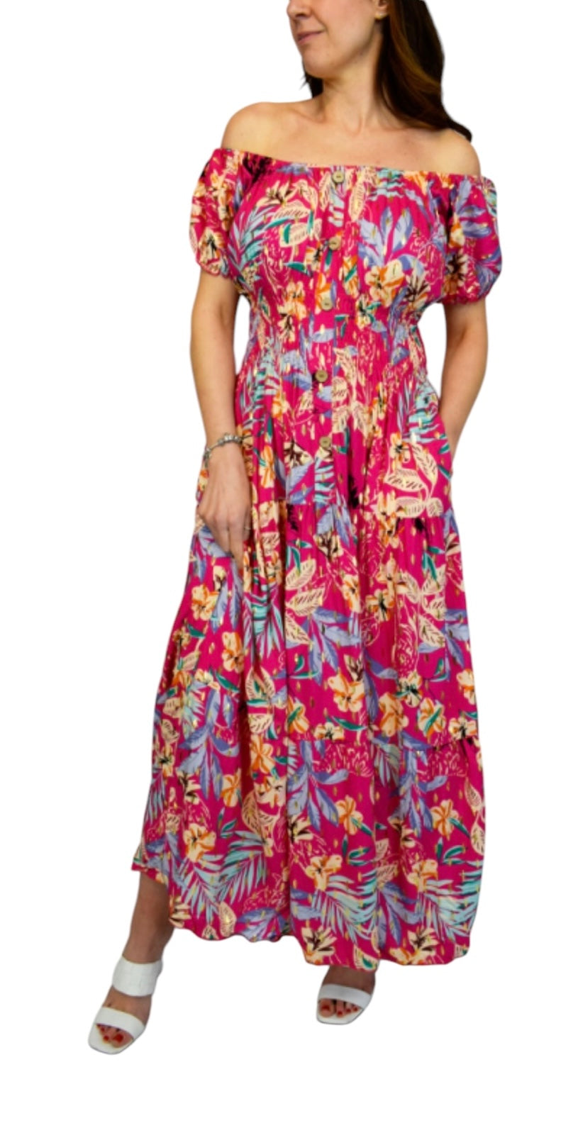 Amelia Gold Foil Flower Print Button Bardot Maxi
Dress