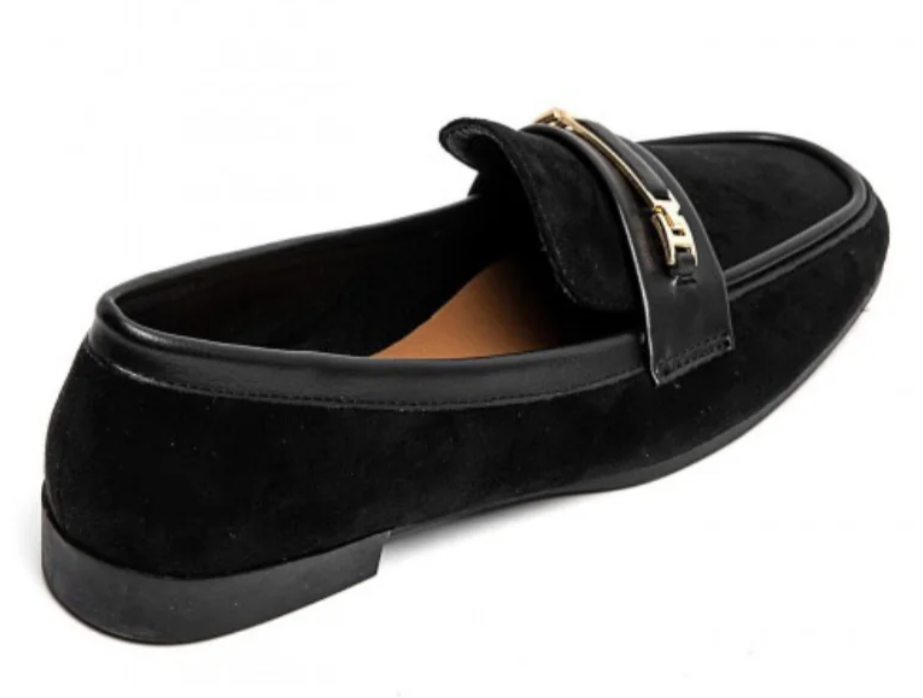 Black Suede Gold Detail Slip On Loafer