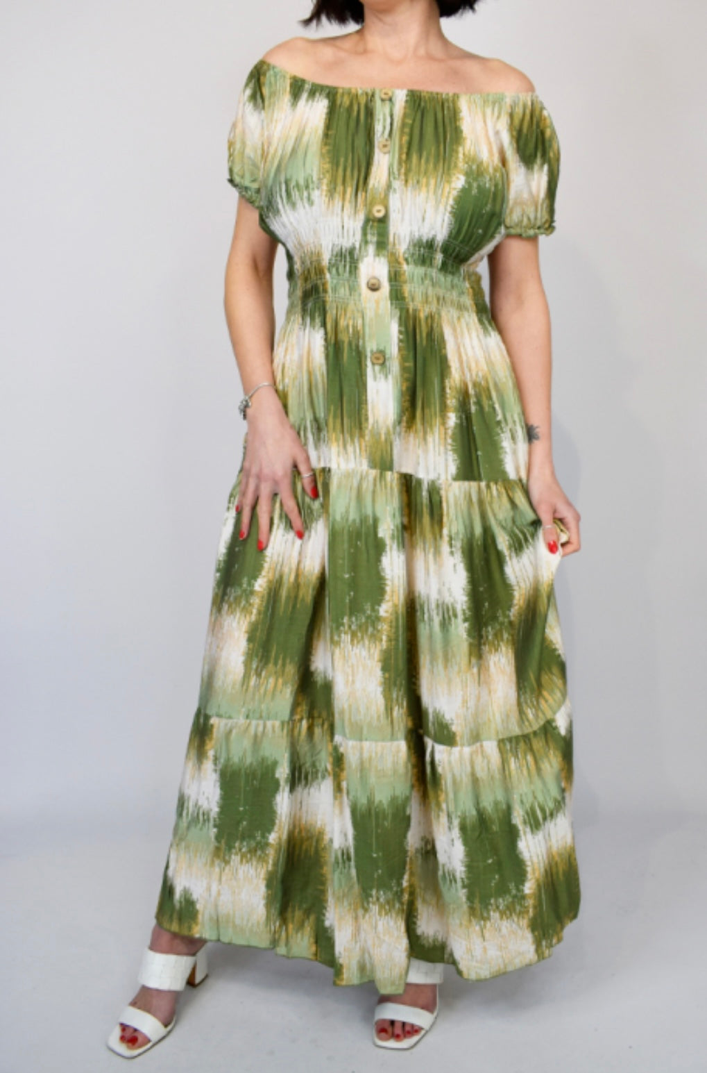 Multi Splash Print Button Bardot Maxi Dress