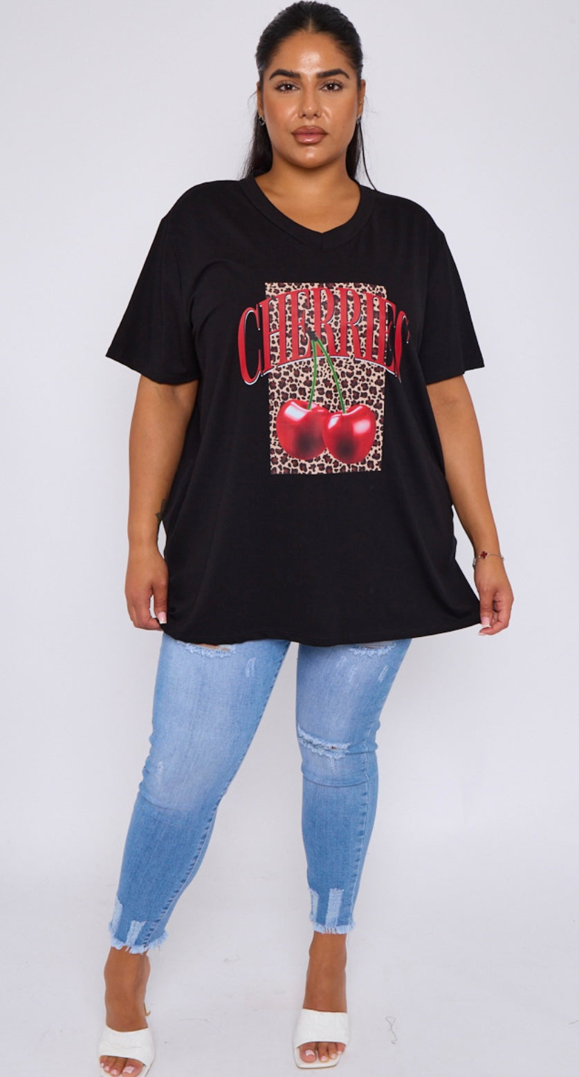 Plus Size Black Cherries Slogan Short Sleeve T Shirt