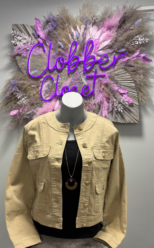 *REDUCED - IMPERFECT* Button Has Fallen Off at Bottom but available to re-attach - Gold Button Mandarin Cotton Stretch Jacket - Stone - Size 12