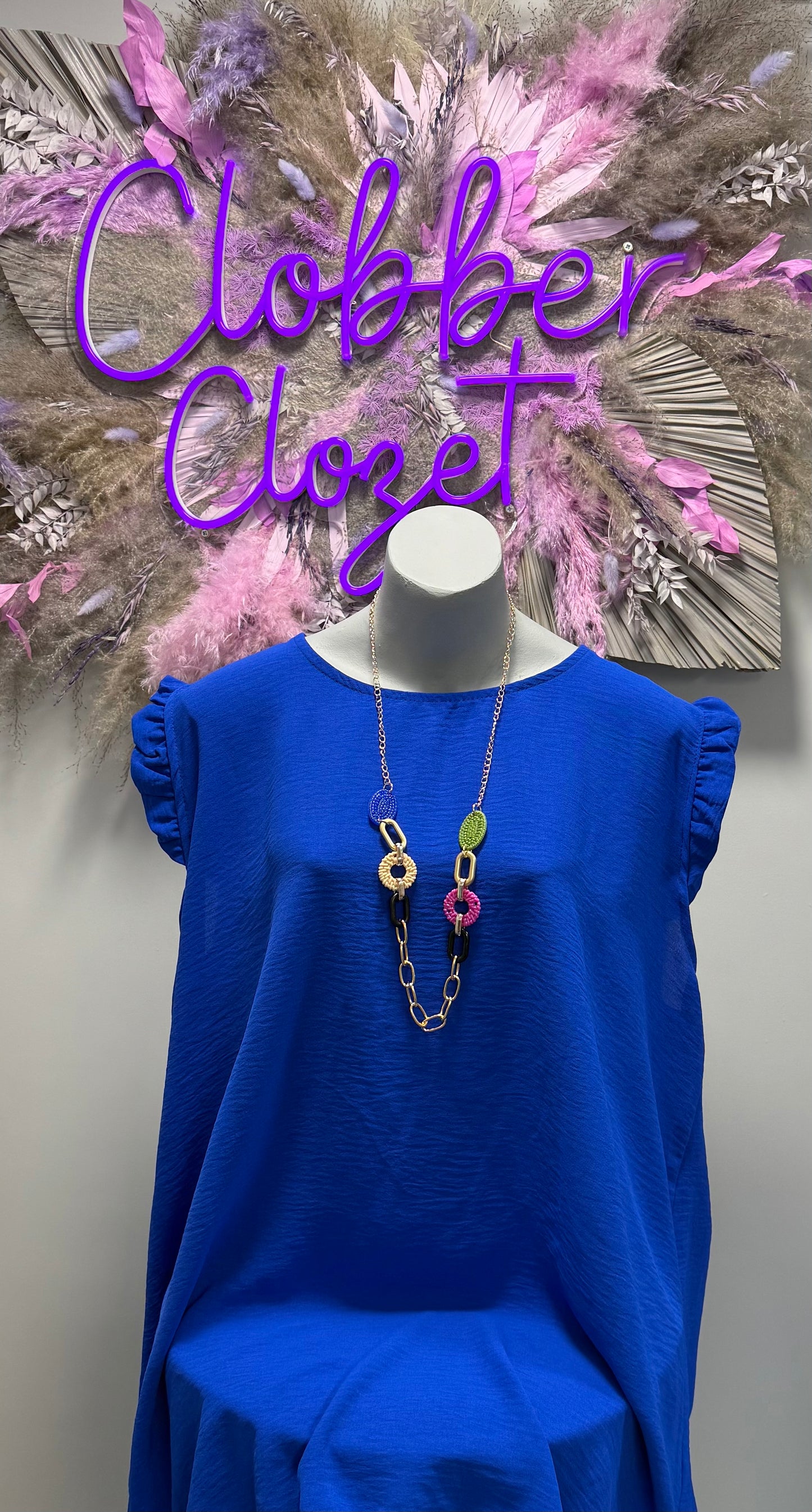 Plus Size Ruffle Sleeve Round Neck Top with Necklace