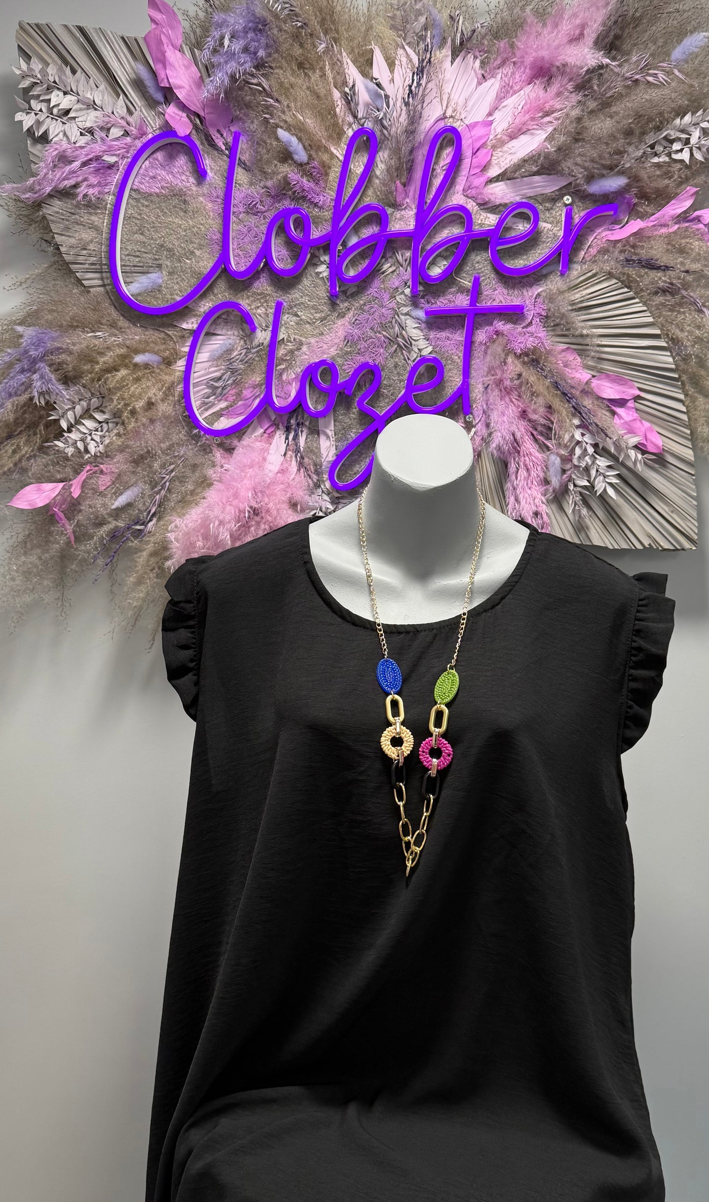 Plus Size Ruffle Sleeve Round Neck Top with Necklace