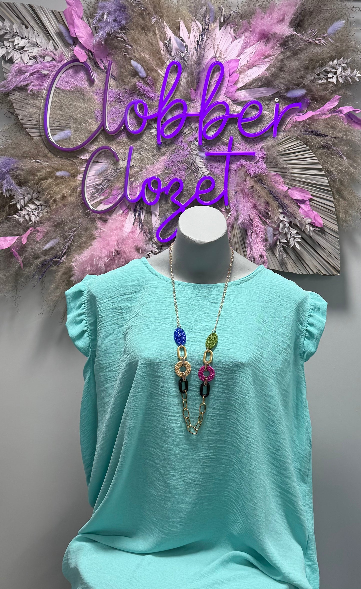 Plus Size Ruffle Sleeve Round Neck Top with Necklace